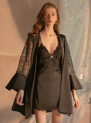 Satin Lace Nightgown Robe Suit