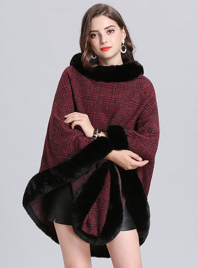 Loose Plaid Crewneck Cape Shawl