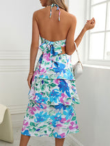 Sleeveless Halter Cake Printed Bow Dress
