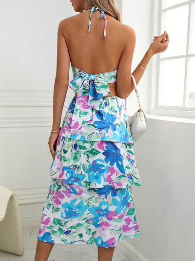Sleeveless Halter Cake Printed Bow Dress