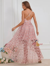 Pink Lace Hi Lo Straps Prom Dress