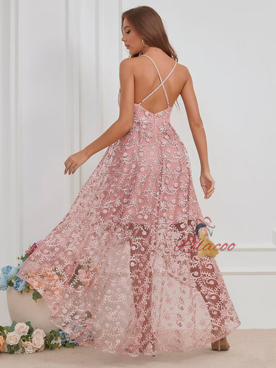 Pink Lace Hi Lo Straps Prom Dress