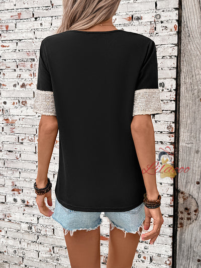 Black and White Contrast Sequins Short Sleeve T-shirt