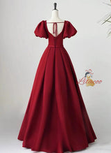 Burgundy Satin Square Neck Puff Sleeve Pleats Prom Dress