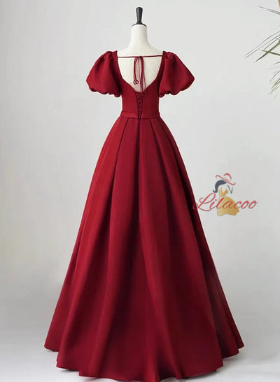 Burgundy Satin Square Neck Puff Sleeve Pleats Prom Dress