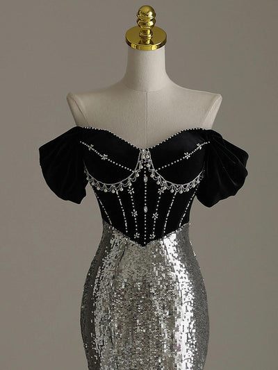 Silver Mermaid Sequins Beading Prom Dress
