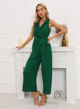 Sleeveless V-neck Lotus Leaf Pleated Jumpsuit