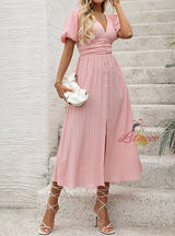 Pink V-neck Short Sleeve Button Dress