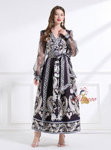 Retro Palace Printed Long Bubble Sleeve Dress