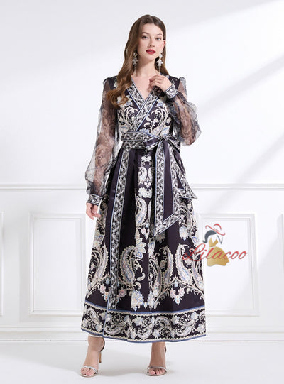 Retro Palace Printed Long Bubble Sleeve Dress