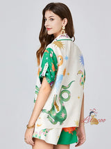 Printed Beaded Shirt+Shorts Two-piece Suit