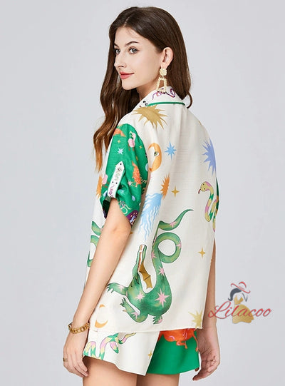 Printed Beaded Shirt+Shorts Two-piece Suit