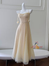 Yellow Straps Embroidery Prom Dress
