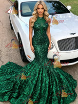 Green Mermaid Sequins Halter Prom Dress