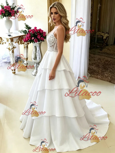 White Spaghetti Straps Lace Wedding Dress