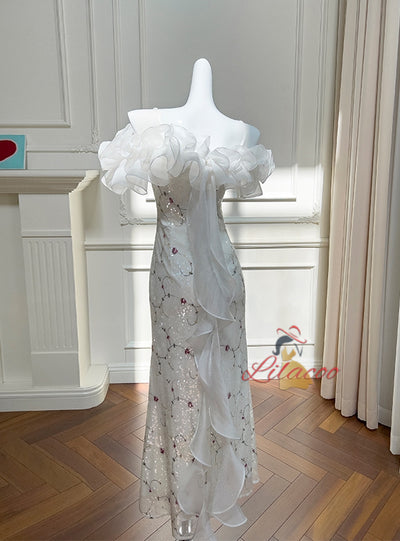 White Sequined Embroidered Fishtail Long Dress