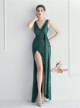 V-neck Sequins Pleats Split Prom Dress