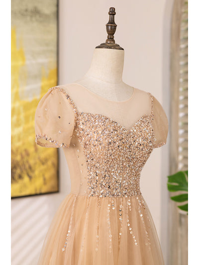 Champagne Tulle Short Sleeve Beading Prom Dress