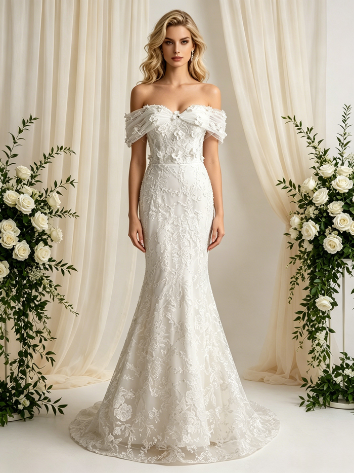 White Mermaid Lace Appliques Wedding Dress