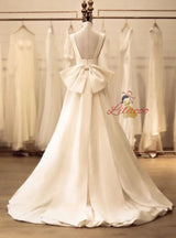 White Satin Hi Lo Bow Wedding Dress