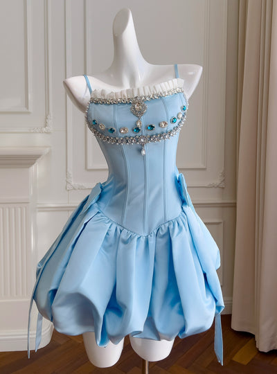 Blue Satin Straps Crystal Short Prom Dress