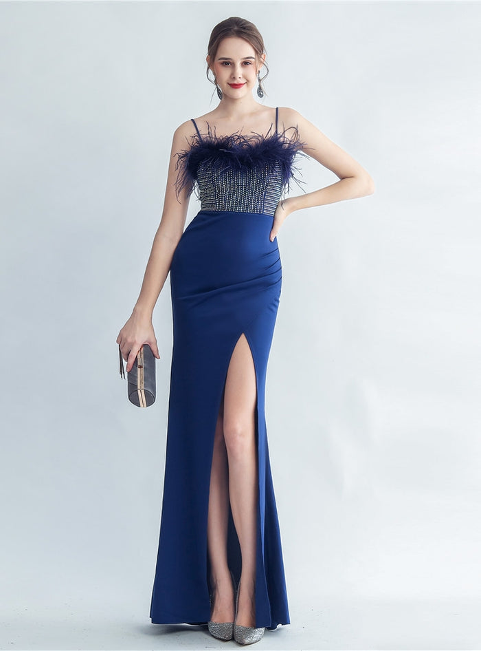 Spaghetti Straps Split Feather Prom Dress