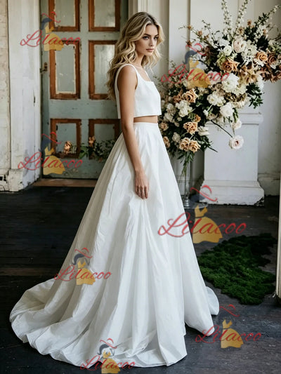 White Two Piece Satin Straps Wedding Dress