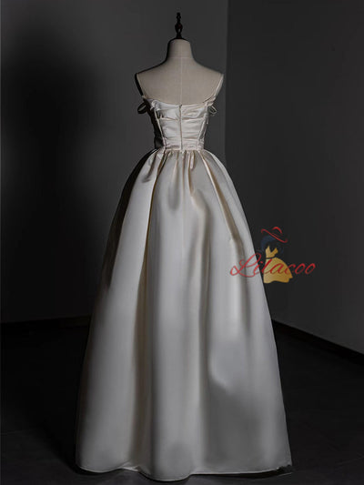 Ivory Satin Straps Pleats Wedding Dress