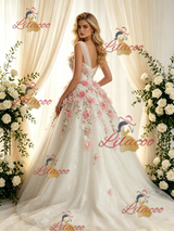 Beige White Tulle Lace One Shoulder Appliques Wedding Dress