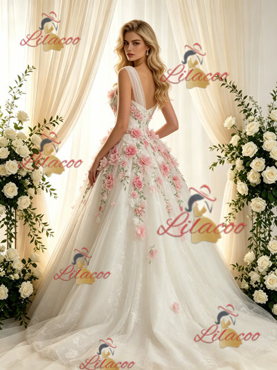 Beige White Tulle Lace One Shoulder Appliques Wedding Dress