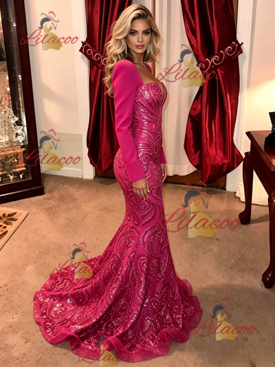 Fuchsia Mermaid Sequins Long Sleeve Prom Dress