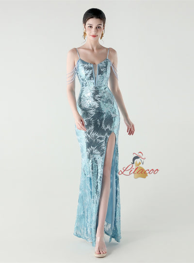 Mermaid Sequins Spaghetti Straps Split Beading Prom Dress