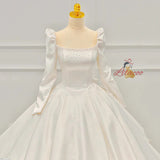 Ivory White Satin Long Sleeve Pearls Wedding Dress