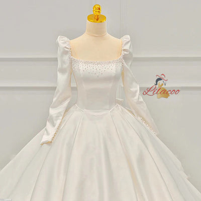 Ivory White Satin Long Sleeve Pearls Wedding Dress