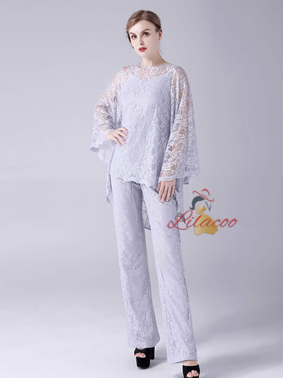 Gray Chiffon Lace 3 Piece Mother Of The Bride Dress