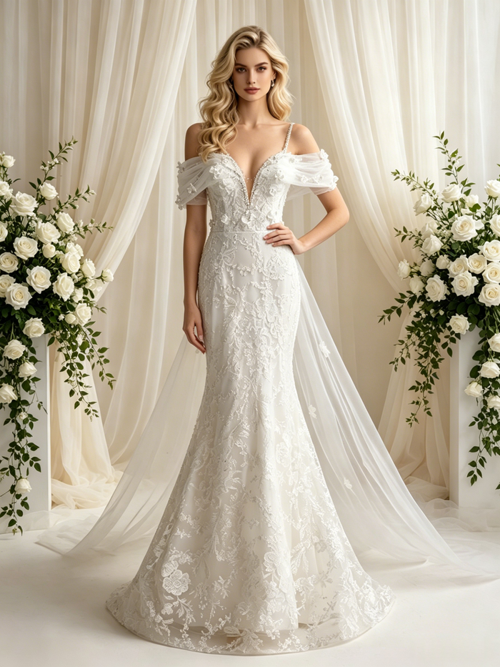 White Mermaid Lace Appliques Wedding Dress