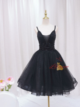 Black Tulle Sequins Straps Beading Homecoming Dress