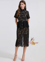 Lace Short Sleeve Slit Slim Diamond Dress