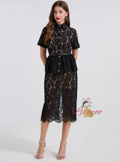 Lace Short Sleeve Slit Slim Diamond Dress