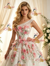 Beige White Tulle Lace One Shoulder Appliques Wedding Dress
