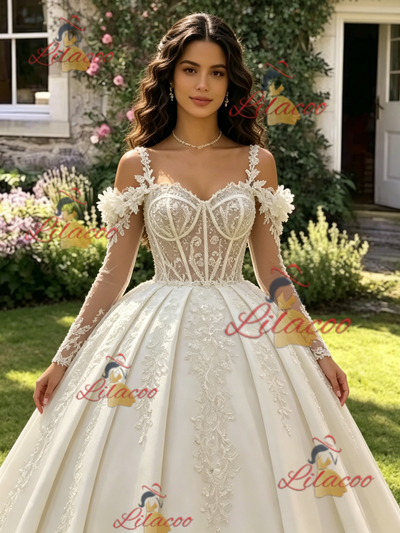 Ivory Long Sleeve Straps Appliques Quinceanera Dress
