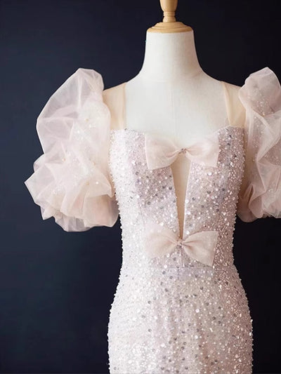 Pink Mermaid Sequins Puff Sleeve Prom Dress