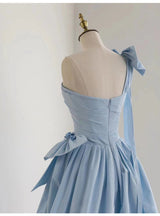 Blue Satin One Shoulder Pleats Bow Prom Dress