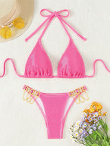 Solid Color Cystal Lace-up Bikini