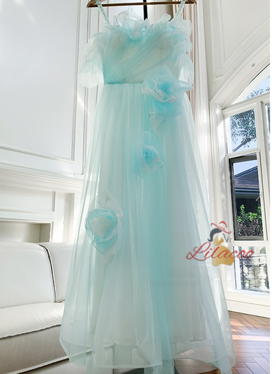Light Blue Tulle Straps Flower Prom Dress