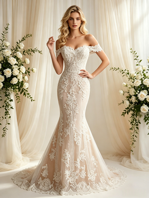 Champagne Mermaid Lace Off the Shoulder Wedding Dress