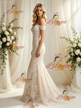 Champagne Mermaid Lace Off the Shoulder Wedding Dress