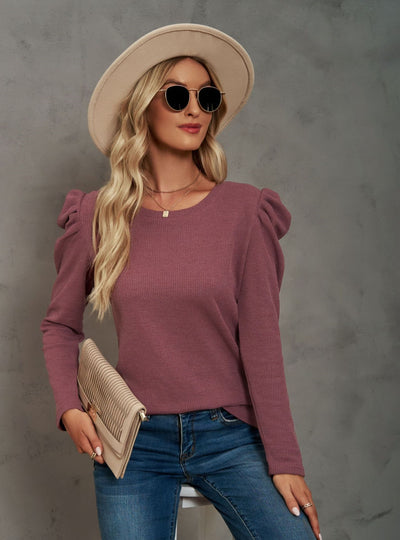 Long Sleeve Pleated Spliced Round Neck T-shirt