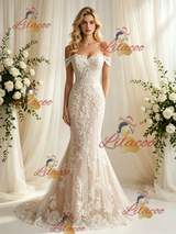 Champagne Mermaid Lace Off the Shoulder Wedding Dress
