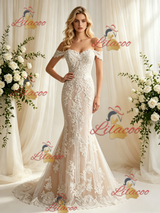 Champagne Mermaid Lace Off the Shoulder Wedding Dress